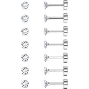 7Pairs 2-8mm Flat Back Stud Earrings Hypoallergenic Stainless Steel Earrings for Men Women Cubic Zirconia Simulated Diamond Cartilage Earrings Helix Tragus Piercing Flat Back Earrings 18G/20G