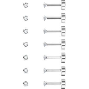 7Pairs 2-8mm Flat Back Stud Earrings Hypoallergenic Stainless Steel Earrings for Men Women Cubic Zirconia Simulated Diamond Cartilage Earrings Helix Tragus Piercing Flat Back Earrings 18G/20G