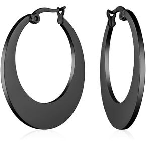 Personalize Geometric Fashion Big Flat Oval Hoop Earrings For Women Teen Black IP Or Rose Gold Plated Stainless Steel 1.25 Inch Diameter