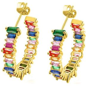Savlano 14K Gold Plated Cubic Zirconia Multicolor Rainbow Round Hoop Stud Earrings for Women & Girls Comes with a Gift Box