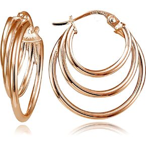 Hoops & Loops 925 Sterling Silver Triple Round Stacked Hoop Click-Top Earrings for Women Teen Girls, Silver, Yellow Gold & Rose Gold