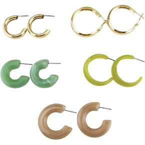 5 PCS Gold Lightweight Thick Huggie Earrings set Type C Green acrylic earrings Jewelry for Women Girls