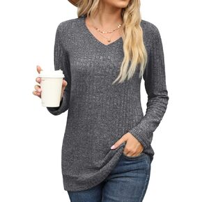 PrinStory Women's Tunic Top Soft Lightweight Long Sleeve V Neck Solid Blouse With Leggings