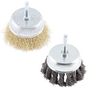 2PCS Cup Wire Wheel Brush Set, 3 Inch Carbon Steel Knotted Cup Brush and Brass Coated Crimped Wire Drill Brush Set, 1/4 Inch Shank Brush Kit Rotary Buffing Brush Wheel, Rust Removal Tool Set