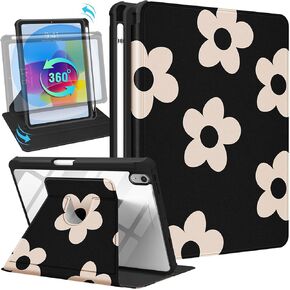 for Apple iPad Mini 6 Case, for iPad Mini 6th Generation Cases Kids Girls Cute Folio Cover with Pencil Holder Women Flower Girly Pretty Black Rotating Stand for iPad Mini 2021 Case 8.3 Inch