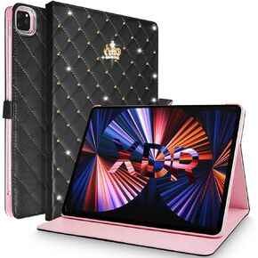 حافظة iPad Pro 11 بوصة 2022 (الجيل الرابع)/2021 (الجيل الثالث)/2020 (الجيل الثاني)/2018 (الجيل الأول)، غطاء لطيف على شكل تاج بلينغ دايموند من جلد البولي يوريثان الذكي للنوم/الاستيقاظ التلقائي مضاد للصدمات لجهاز iPad Pro 11 بوصة (وردي) )