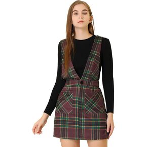 Allegra K Women's Christmas Plaid Overall Dress V Neck Mini Pinafore Suspender Skirt