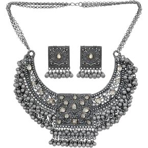 الهندي الأفغاني بانجارا الفضة المؤكسد الأسود البولندية الغجر بوهو غونغرو أجراس مرآة الخرز بيان كوتشي المختنق قلادة أقراط مجوهرات in Kuwait