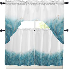 Teal White Swag Valance Kitchen Curtains, Rod Pocket Valance Curtain Panels for Bedroom Living Room Bathroom Cafe Windows, Geometric Abstract Gradient Gold Leaves 56''x36''
