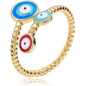 Evil Eye Wrap Open Rings for Women Girls 18K Gold Plated Dainty Red Blue Twist Statement Fashion Stackable Adjustable Middle Finger Bands Turkish Faith Protection Good Lucky Eternity Jewelry Gifts