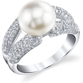 The Pearl Source 9-10mm Genuine White Freshwater Cultured Pearl & Cubic Zirconia Rainbow Ring for Women