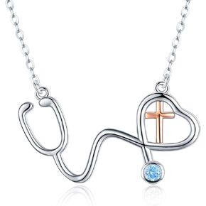 Nurse Gifts for Women Girls 925 Sterling Silver Stethoscope Necklace Cross Heart Caregiver Necklaces Jewelry Gifts for Nurse Graduation