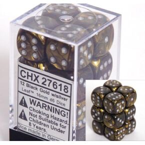 مجموعات النرد Chessex d6: ورقة سوداء وذهبية مع فضية - قالب سداسي الجوانب مقاس 16 مم (12) كتلة من النرد CHX-27618