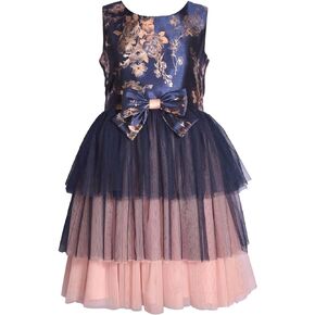 Bonnie Jean Girls 4-16 Navy Pink Foiled Shantung Tiered Mesh Dress