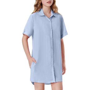 Girls Button Down Shirt Dress with Side Pockets Short Sleeve Linen Loose Casual Tunic Blouse Top 6-12Y