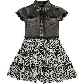 GUESS Girls' One Size Denim and Printed Chiffon Combo Button Up Dress