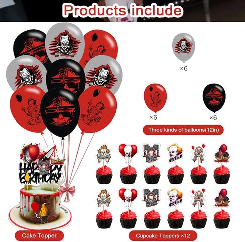 ديكورات حفلات الرعب الكلاسيكية، لوازم حفلات أعياد الميلاد لأفلام الهالوين تتضمن لافتة - أعلى الكعكة - 12 قطعة علوية للكب كيك - 18 بالونة in Kuwait