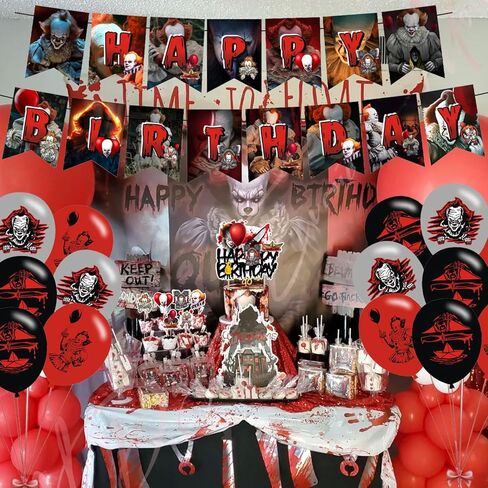 ديكورات حفلات الرعب الكلاسيكية، لوازم حفلات أعياد الميلاد لأفلام الهالوين تتضمن لافتة - أعلى الكعكة - 12 قطعة علوية للكب كيك - 18 بالونة in Kuwait
