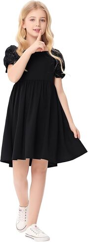 Girls Floral Print Bubble Sleeve Dress with Ruffle Hem, A-line Casual Party Dress for Toddler Little Girls 3-12 Years in Saudi Arabia