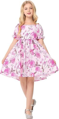 Girls Floral Print Bubble Sleeve Dress with Ruffle Hem, A-line Casual Party Dress for Toddler Little Girls 3-12 Years in Saudi Arabia