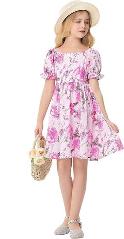 Girls Floral Print Bubble Sleeve Dress with Ruffle Hem, A-line Casual Party Dress for Toddler Little Girls 3-12 Years in Saudi Arabia