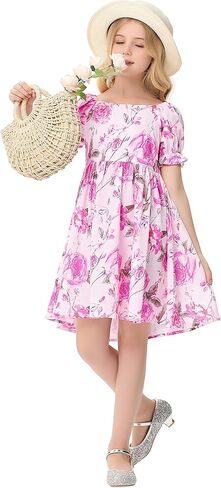 Girls Floral Print Bubble Sleeve Dress with Ruffle Hem, A-line Casual Party Dress for Toddler Little Girls 3-12 Years in Saudi Arabia