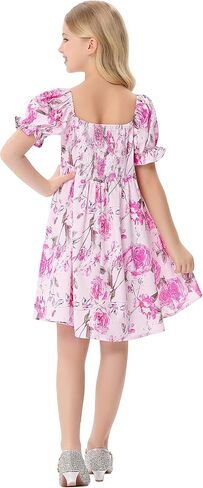 Girls Floral Print Bubble Sleeve Dress with Ruffle Hem, A-line Casual Party Dress for Toddler Little Girls 3-12 Years in Saudi Arabia