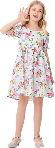 Girls Floral Print Bubble Sleeve Dress with Ruffle Hem, A-line Casual Party Dress for Toddler Little Girls 3-12 Years in Saudi Arabia