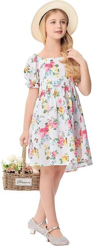 Girls Floral Print Bubble Sleeve Dress with Ruffle Hem, A-line Casual Party Dress for Toddler Little Girls 3-12 Years in Saudi Arabia