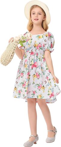 Girls Floral Print Bubble Sleeve Dress with Ruffle Hem, A-line Casual Party Dress for Toddler Little Girls 3-12 Years in Saudi Arabia