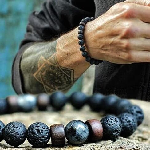 Mens Lava Rock Bracelet - 18cm Adjustable Rope 6mm Volcanic Stone Bracelet - Stress Relief Bracelets Mens Jewelry Gifts for Dad Grandpa Boyfriend Husband Son Brother in Saudi Arabia