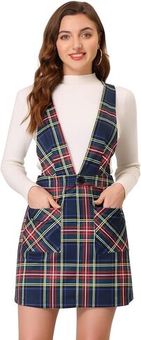 Allegra K Women's Christmas Plaid Overall Dress V Neck Mini Pinafore Suspender Skirt in Saudi Arabia