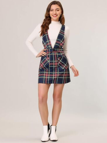 Allegra K Women's Christmas Plaid Overall Dress V Neck Mini Pinafore Suspender Skirt in Saudi Arabia