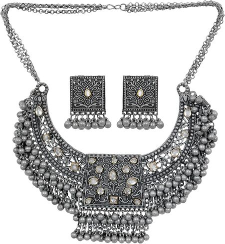 الهندي الأفغاني بانجارا الفضة المؤكسد الأسود البولندية الغجر بوهو غونغرو أجراس مرآة الخرز بيان كوتشي المختنق قلادة أقراط مجوهرات in Kuwait