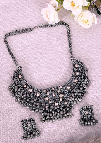 الهندي الأفغاني بانجارا الفضة المؤكسد الأسود البولندية الغجر بوهو غونغرو أجراس مرآة الخرز بيان كوتشي المختنق قلادة أقراط مجوهرات in Kuwait