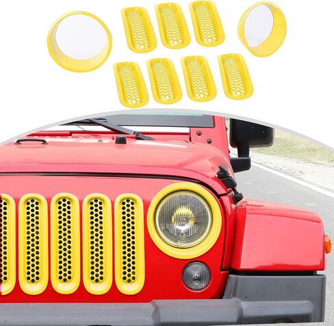 CheroCar for JK Mesh Grille Grill Insert & Headlight Cover Trim Exterior Accessories for Jeep Wrangler JK 2007-2017,Chrome… in Kuwait