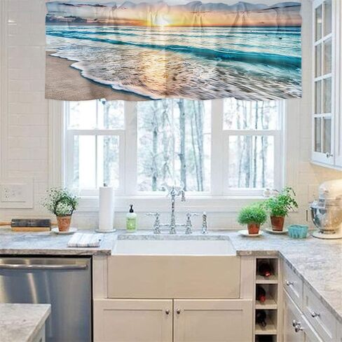 Costal Kitchen Curtains, Sunset Waves and Beach Valances for Windows, Bathroom Curtains Window Rod Pocket Short Curtains, Kitchen Window Curtains Over Sink, Small Window Curtains, Valances for Kitchen in Saudi Arabia