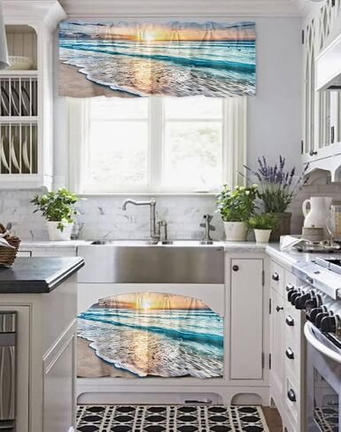 Costal Kitchen Curtains, Sunset Waves and Beach Valances for Windows, Bathroom Curtains Window Rod Pocket Short Curtains, Kitchen Window Curtains Over Sink, Small Window Curtains, Valances for Kitchen in Saudi Arabia