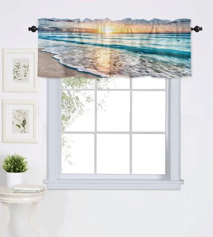 Costal Kitchen Curtains, Sunset Waves and Beach Valances for Windows, Bathroom Curtains Window Rod Pocket Short Curtains, Kitchen Window Curtains Over Sink, Small Window Curtains, Valances for Kitchen in Saudi Arabia