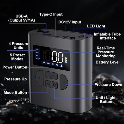 Tire Inflator Portable Air Compressor, 150PSI Ultra Fast Electric Air Pump for Car Tires, Bike, Motorcycle, and Ball, with Accurate Digital Pressure Gauge, DC 5V Output, LED Screen and Light in Saudi Arabia