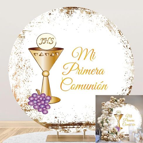 Diameter 7.2ft Baptism Round Backdrop Mi Primera Comunion Christening God Bless Gold Glitter Chalice Purple Grapes First Holy Communion Photography Background for Baby Shower Party Decor in Saudi Arabia