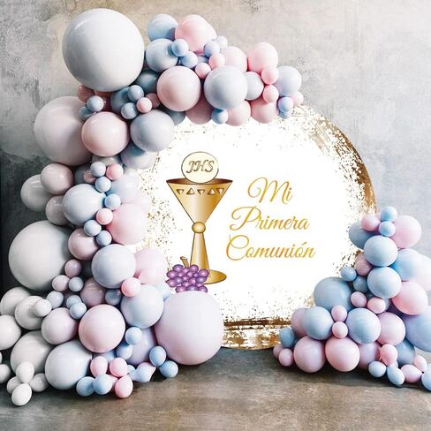 Diameter 7.2ft Baptism Round Backdrop Mi Primera Comunion Christening God Bless Gold Glitter Chalice Purple Grapes First Holy Communion Photography Background for Baby Shower Party Decor in Saudi Arabia