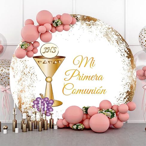 Diameter 7.2ft Baptism Round Backdrop Mi Primera Comunion Christening God Bless Gold Glitter Chalice Purple Grapes First Holy Communion Photography Background for Baby Shower Party Decor in Saudi Arabia