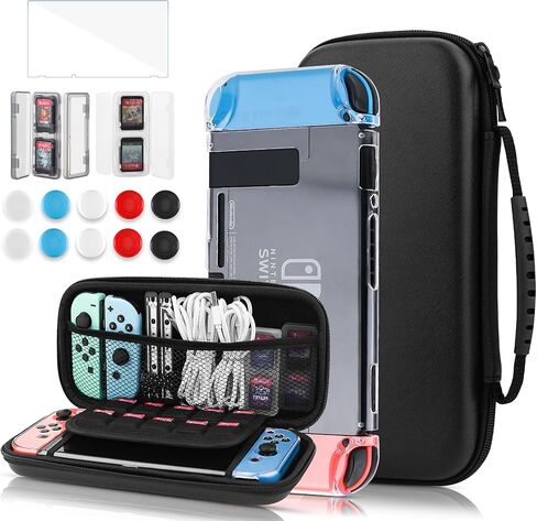 Black Carrying Case Compatible with Nintendo Switch OLED, Switch Travel Case Set with Clear Protective Cover, Glass Screen Protector, 2 Flip Game Card Case, 10 Thumb Grip Caps in Kuwait