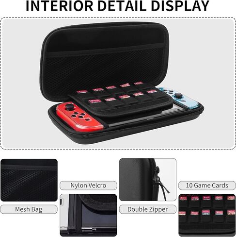 Black Carrying Case Compatible with Nintendo Switch OLED, Switch Travel Case Set with Clear Protective Cover, Glass Screen Protector, 2 Flip Game Card Case, 10 Thumb Grip Caps in Kuwait