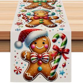 Generic Gingerbread Man Merry Christmas Table Runner, Red and Green, Victorian, Antique Pattern, Polyester, 13x72 Inch in Kuwait