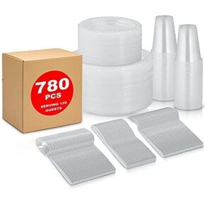 780 Piece Disposable Clear Tableware Set for 120 Guests By StockHomery- Microwavable Plastic Dinnerware Set of 120 9" Plates, 180 6" Dessert Plates, 120 9oz Cups,120 Spoons, Forks, Knives, in Saudi Arabia