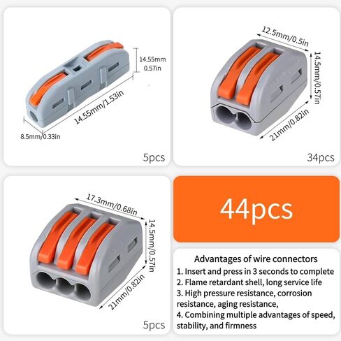 44 PCS Lever Wire Connectors Nuts Kit - 1/2/3 Port Push-in Quick Connect Inline Splices - Professional Electrical Butt Terminals Splicing Kit for Home Lighting & Car Audio, AWG 28-12 in Kuwait
