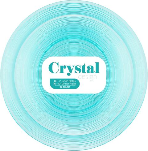 PLASTICPRO 32 Pieces Crystal Design Plastic Plates Combo Pack 7 inch and 10 inch Gold Rim Elegant Disposable Plates, Transparent Blue in Saudi Arabia