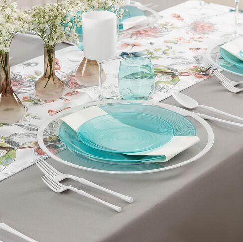 PLASTICPRO 32 Pieces Crystal Design Plastic Plates Combo Pack 7 inch and 10 inch Gold Rim Elegant Disposable Plates, Transparent Blue in Saudi Arabia